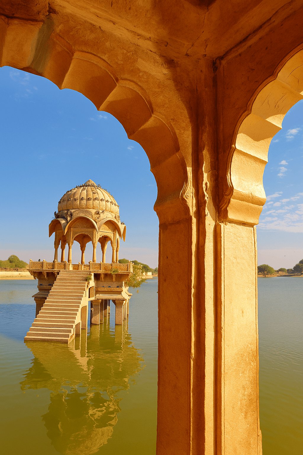 Sunset over Indian palace courtyard